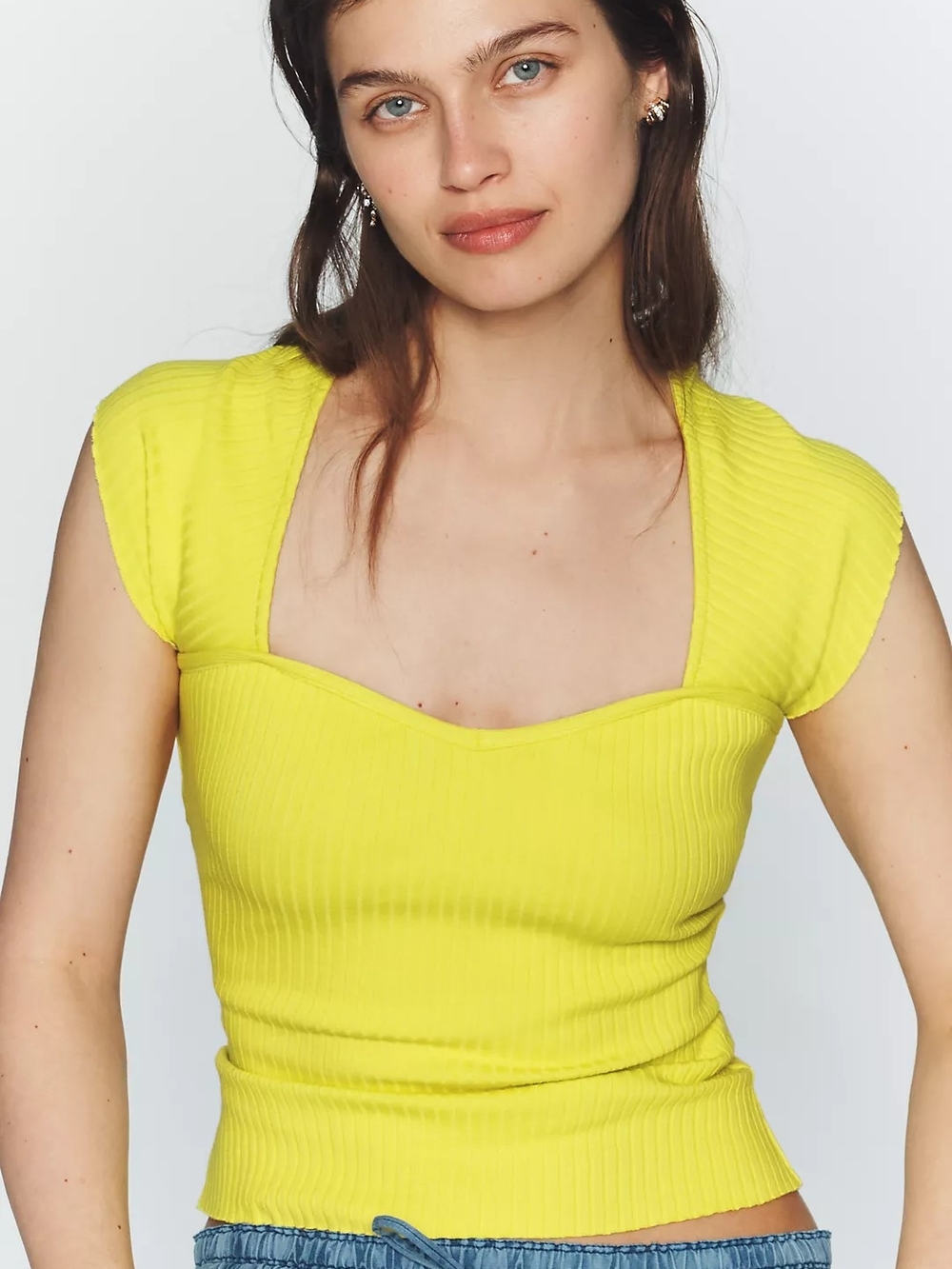 Square-Neck Ribbed Cap-Sleeve Top in Bright Yellow Maeve